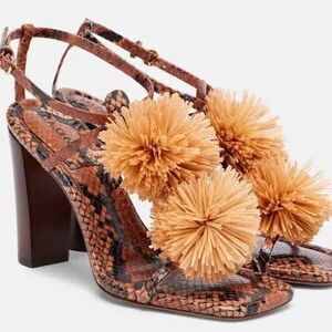 Ulla Johnson Isolde Snakeskin Embossed High Heel Sandals Raffia Pom Pom Boho